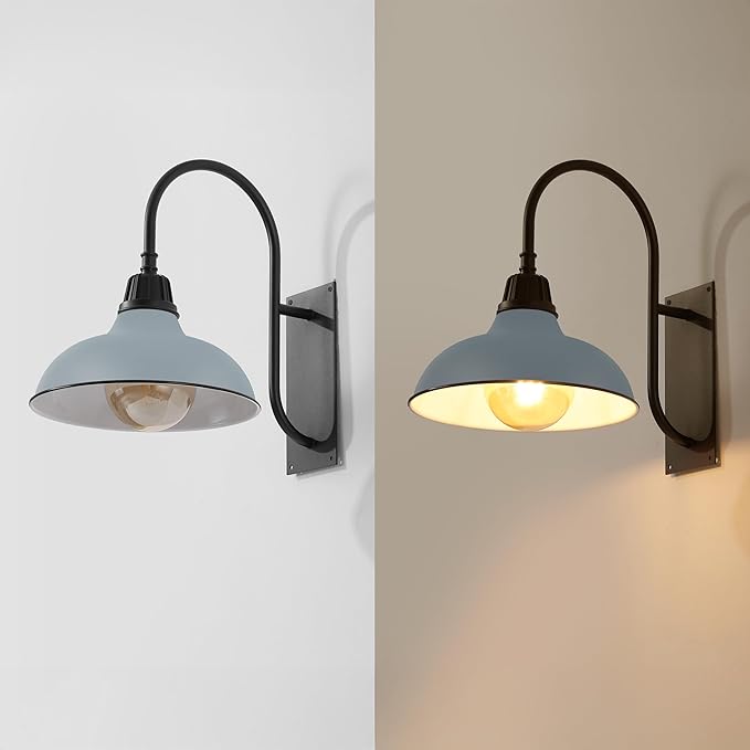 JONATHAN Y 12.25" Matte Silver 1-Light Blue/Black Farmhouse Gooseneck Outdoor Wall Sconce Lamp, with Black Metal Bowl Shade, Industrial Iron LED Porch Light for Patio Garage Entryway (JYL7614K)