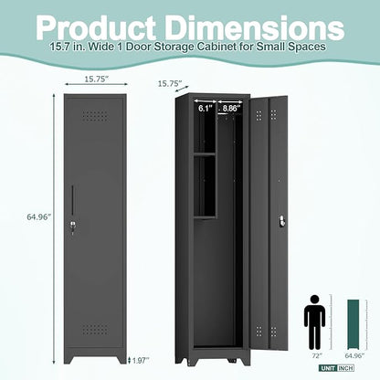 Slim Cabinet for Small Spaces, Metal Bathroom Storage Cabinet with Shelves, Hooks, Narrow Locking Cabinets with 2 Keys, 65” H Tall Storage for Home Office, Living Room, Dining Room, Black