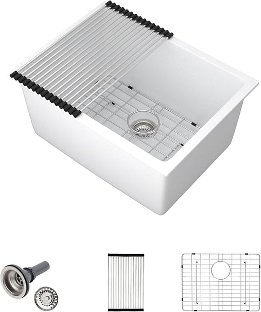 24 Inch Undermount Laundry Sink, White Granite Composite Quartz Sink, 12 Inch Deep Single Bowl Utility Sink, Non-Porous, Stain Resistant, Easy to Clean, Modern Sink for Laundry Room