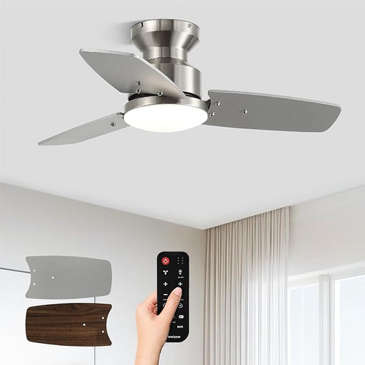 30 Inch Ceiling Fans with Lights and Remote, Bedroom Living Room Office, Flush Mount, 3CCT Dimmable, Dual Color 3 Blades 6 Speed Reversible Quiet DC Motor, Sand-Nickel/Wood Grain