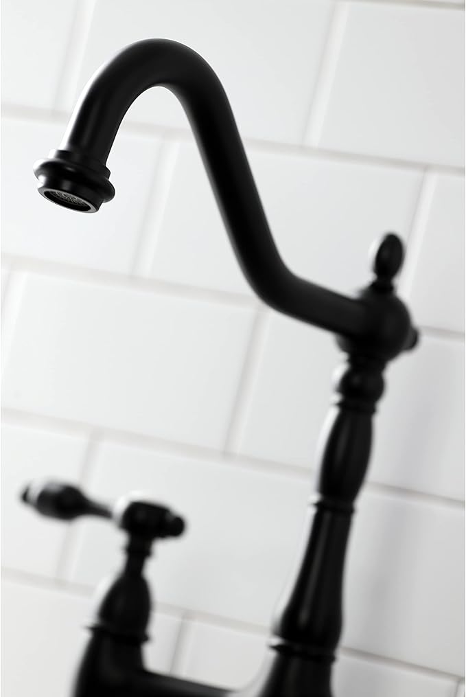 Kingston Brass KS1270TALBS Two-Handle 4-Hole Deck Mount Bridge Kitchen Faucet with Brass Sprayer in Matte Black