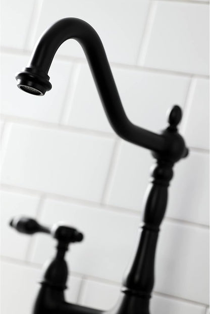 Kingston Brass KS1270TALBS Two-Handle 4-Hole Deck Mount Bridge Kitchen Faucet with Brass Sprayer in Matte Black
