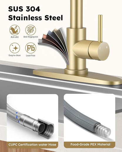 Arofa Kitchen Faucet with Pull Down Sprayer, Brushed Gold Kitchen Sink Faucet 1-3 Hole Single Handle High Arc Stainless Steel Commercial Modern Kitchen Faucets for RV/Laundry/Outdoor/Bathroom Sink