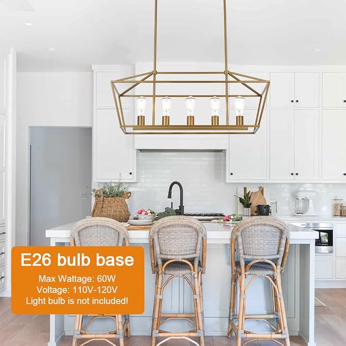 VINLUZ 5 Light Modern Kitchen Island Light in Gold Finish,Industrial Hanging Pendant Lighting Fixture with Metal Frame Linear Lantern Chandelier for Dining Room Foyer Cafe Bar