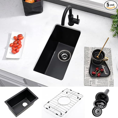 12 Inch Black Bar Sink Undermount-VASOYO 12x16 Rv Sink Kitchen Bar Sinks Black Quartz Composite Oudoor Single Bowl Deep Kitchen Sinks with Bottom Grid