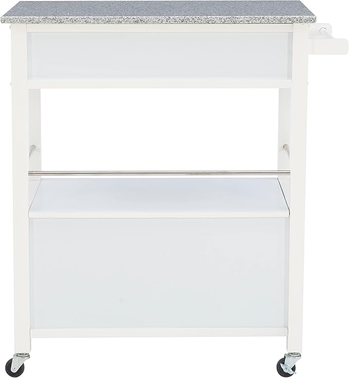 Linon Kyler White Granite Topped Kitchen Cart with Lockable Casters and Hidden Storage Spaces