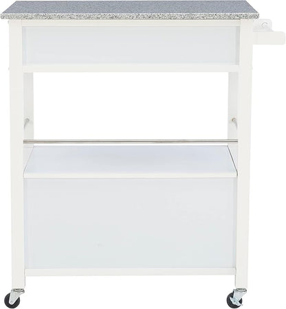 Linon Kyler White Granite Topped Kitchen Cart with Lockable Casters and Hidden Storage Spaces