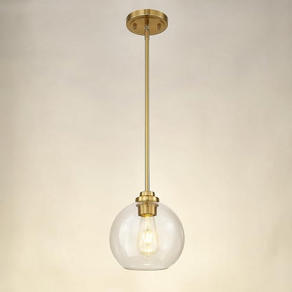 8 inch Modern Gold Pendant Light Fixtures, Mid Century Globe Pendant Lights with Clear Glass, 1 Light Hanging Lights for Kitchen Island, Bathroom, Dining Room (1 Pack), PL101BG-L