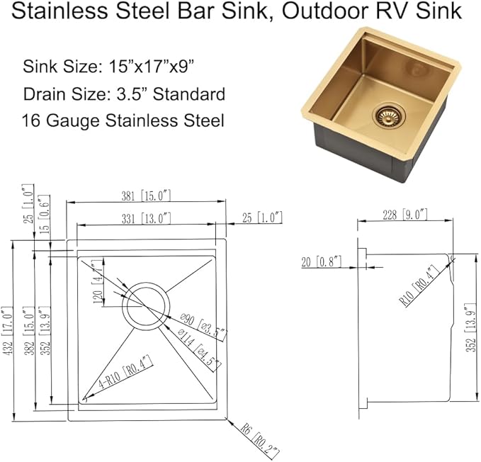 Brass Bar Sink Undermount, 15 x 17 Inch Small Wet Bar Prep Sink 16 Gauge SUS304 Stainless Steel Outdoor RV Single Bowl Basin