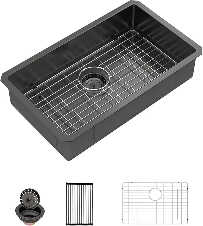 Sarlai ADA Black Kitchen Sink - 27 Inch Undermount Kitchen Sink Gunmetal Black 6-Inch Low Depth ADA Compliant Single Bowl 16 Gauge Stainless Steel 27x16 Inch Under Mount Handmade Sinks Basin