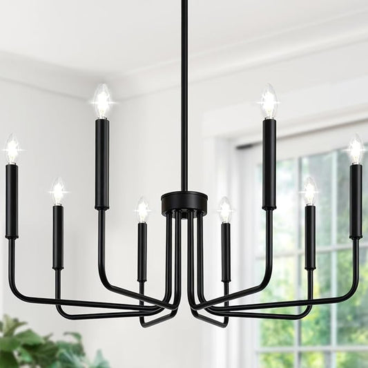 Lynnoland Black 8-Light Chandelier, Farmhouse Chandelier for Dining Room Lighting Fixtures Hanging, Vintage Candle Pendant Light Fixtures Chandelier for Bedroom, Foyer and Living Room