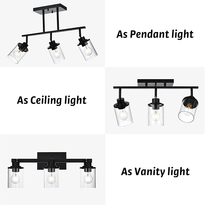 Track Lighting Fixtures 3 Light Ceiling Lights with Adjustable Track Heads, Black Bathroom Vanity Light with Clear Glass Shade, Modern Track Lighting Kit for Kitchen Office Living Room