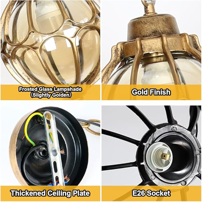 Outdoor Pendant Light Fixtures for Porch, Waterproof Exterior Lantern Glass Vintage Hanging Ceiling Light Retro Aluminum Outside Chandelier for Porch Patio Entryway Farmhouse (22cm/8.7",Gold)