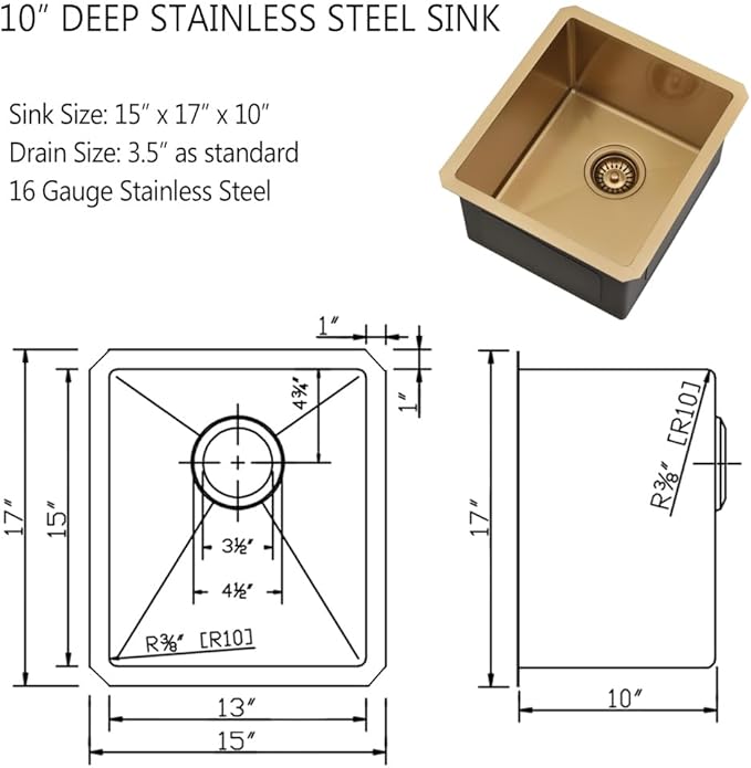 Gold Bar Sink Undermount, 15 x 17 Inches Small Kitchen Prep Sink for Wet Bar Outdoor RV 16 Gauge SUS304 Stainless Steel Single Bowl