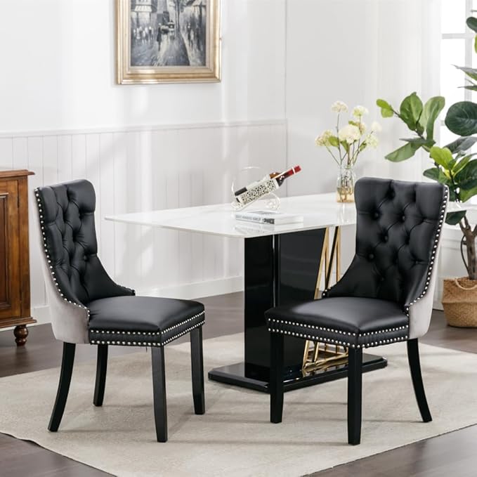Dining Chairs Set of 2, PU Leather Upholstered Dining Room Side Chairs with Button Tufted Back, Nailhead Trim & Wooden Legs, Modern Counter Height Bar Stools for Home Kitchen Island, Black+Gray