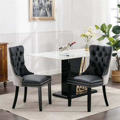 Dining Chairs Set of 2, PU Leather Upholstered Dining Room Side Chairs with Button Tufted Back, Nailhead Trim & Wooden Legs, Modern Counter Height Bar Stools for Home Kitchen Island, Black+Gray