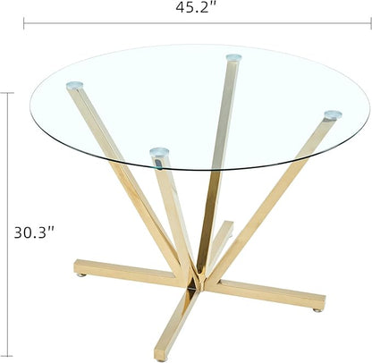 Round Dining Table for 4 6 People, 45.3" Modern Glass Kitchen Table, Circle Gold Dinner Table with 0.32" Thick Tempered Glass Top and Metal Legs, Glass Dining Room Furniture for Kitchen Living Room