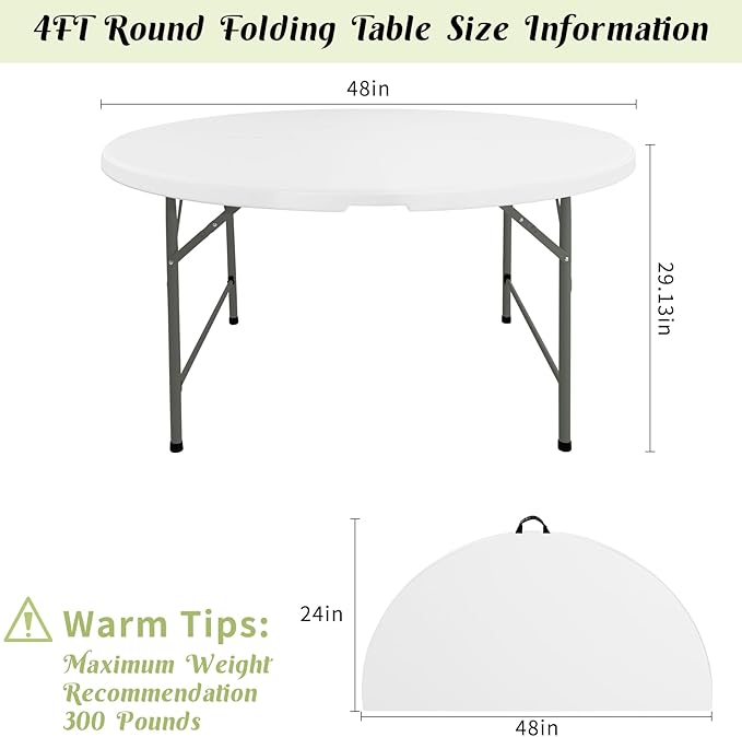 Fivenl 4 FT Round Folding Tables White Foldable Table, Fold-in-Half with Carrying Handle Portable Plastic Table for Party, Dining, Wedding, Camping, Picnic, Indoor Outdoor Events