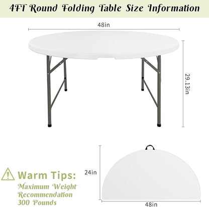 Fivenl 4 FT Round Folding Tables White Foldable Table, Fold-in-Half with Carrying Handle Portable Plastic Table for Party, Dining, Wedding, Camping, Picnic, Indoor Outdoor Events