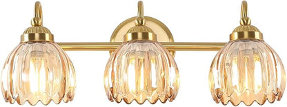 Vintage Bathroom Light Fixtures, Brass Vanity Lights with Amber Tulip Glass Shade, Vanity Sconces for Bathroom Bedroom Living Room Hallway, 3-Light