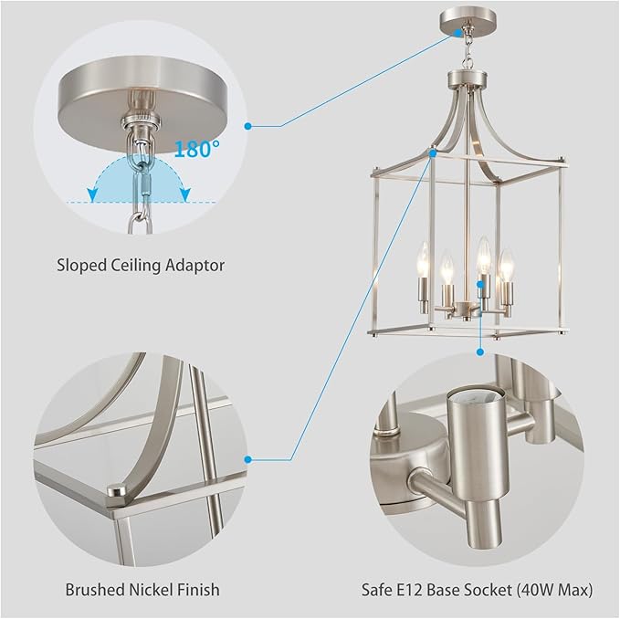 XINGQI Farmhouse Brushed Nickel Chandeliers for Dining Room, Geometric 4 Light Hanging Lantern Pendant Light Fixture for Staircase Foyer Kitchen Island Dinning Room Living Room