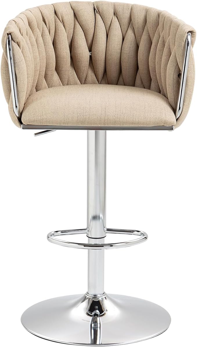 360° Fabric Cover Swivel Bar Stools Set of 2, Adjustable Counter Height Bar Chairs with Woven Back Footrest, Silver Chromed Bar Stools for Kitchen Island, Cafe, Pub (Yellow)