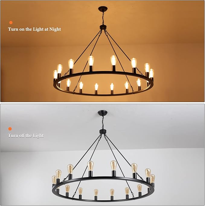 ANKYLHUA Large Black Wagon Wheel Chandelier 47 inch,16-Light Farmhouse Wagon Wheel Chandeliers Round Industrial Ceiling Light fixtures for Outdoor Porch high Ceilings Living Dining Room Foyer Entryway