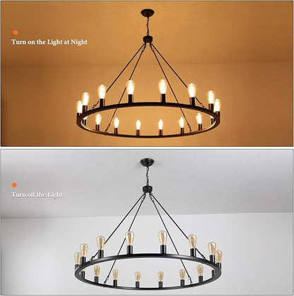 ANKYLHUA Large Black Wagon Wheel Chandelier 47 inch,16-Light Farmhouse Wagon Wheel Chandeliers Round Industrial Ceiling Light fixtures for Outdoor Porch high Ceilings Living Dining Room Foyer Entryway