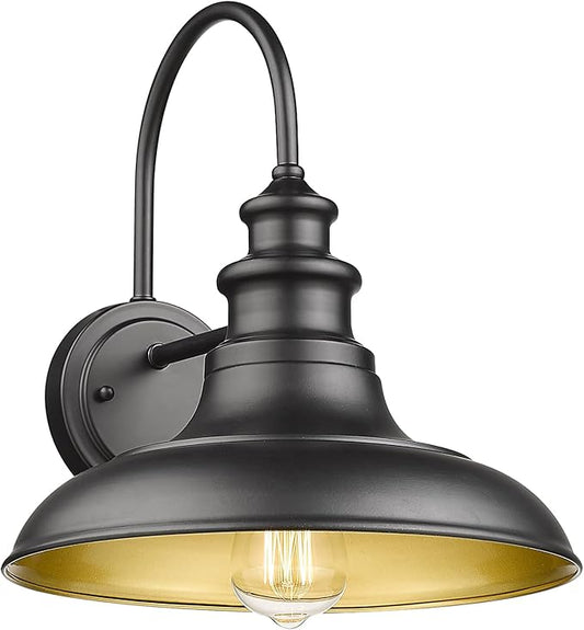 Outdoor Barn Light Fixture, 12.3 Inch Large Dome Farmhouse Wall Mount Light Wall Sconce Exterior Wall Lighting Fixture Industrial Black Finish Lantern with Gold Interior for Porch Garage Patio