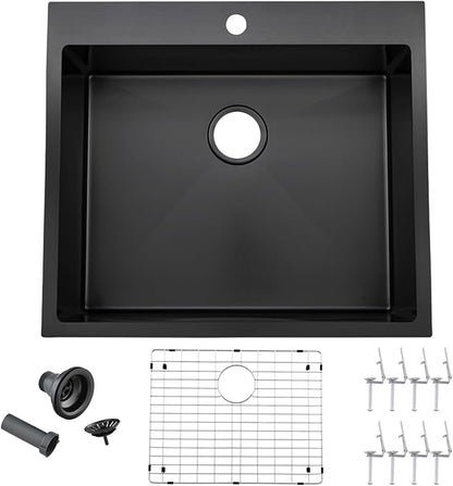 25 Inch Black Drop In Kitchen Sink, 25 x 22 Inch16 Gauge Single Bowl Stainless Steel Handmade Topmount Black Sink RV Bar Sink Basin with Accessories