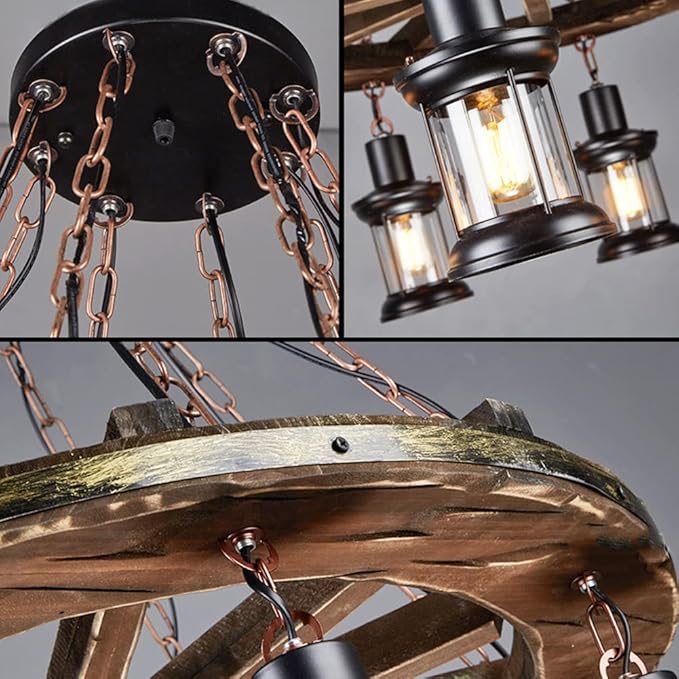 A Million Vintage Industrial Wood Chandelier with 8 Light Rudder Shape, Wood Grain Color, E26 Socket, Adjustable Hanging Chain Rustic Pendant Lighting