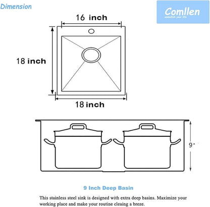 Comllen 18x18 Inch Drop in Black Bar Sink,Top Mount Handmade 16 Gauge Stainless Steel Small Black Kitchen Sink,9 Inch Deep Single Bowl Wet Bar Sink with Stainless Steel Grid & Strainer