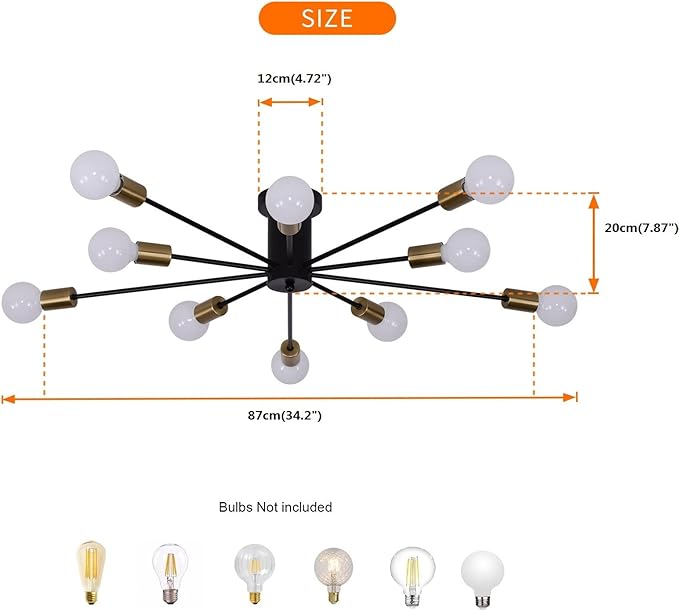 Garwarm Modern Sputnik Ceiling Light, 10-Light Mid Century Sputnik Chandelier Industrial Semi Flush Mount Ceiling Light Fixture for Living Room Kitchen Bedroom Farmhouse Dining Room(Black+Gold)
