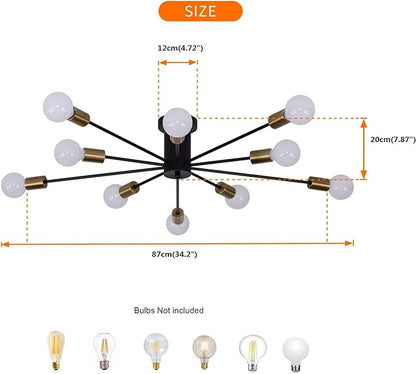 Garwarm Modern Sputnik Ceiling Light, 10-Light Mid Century Sputnik Chandelier Industrial Semi Flush Mount Ceiling Light Fixture for Living Room Kitchen Bedroom Farmhouse Dining Room(Black+Gold)