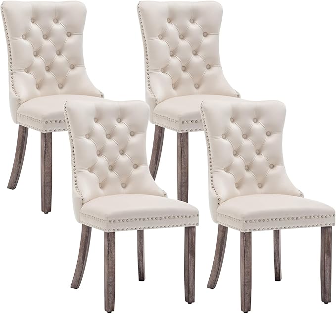 Eifizek Velvet Dining Chairs Set of 4, Upholstered Dining Room Chairs with Nailhead Ring Pull Trim, Button Tufted Wing Back Chairs for Dining with Solid Wood Legs for Kitchen Dining Room(Beige)