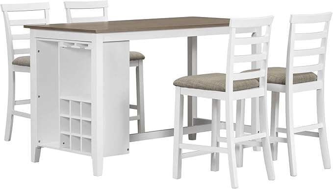 Farmhouse 5-Piece Counter Height Dining Table Set, Solid Wood Dining Room Table with 4 Padded Chairs (Brown+Whitewash) with Wine Storage Shelf