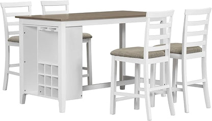 Farmhouse 5-Piece Counter Height Dining Table Set, Solid Wood Dining Room Table with 4 Padded Chairs (Brown+Whitewash) with Wine Storage Shelf