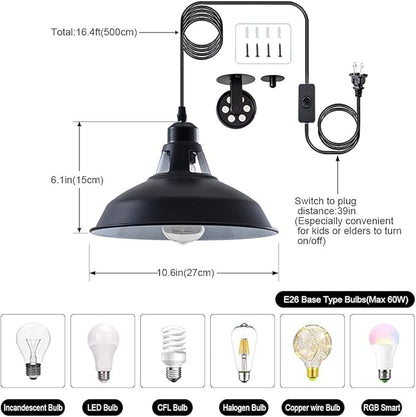 Plug in Pendant Light Industrial Pulley Pendant Lamp E26 Vintage Hanging Light Fixture With 16.4ft Cord On/Off Switch For Pool Table,Houseplant Grow lights,Kitchen Island,Sink 2 Pack Black