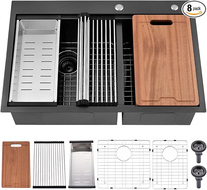 33 Inch Black Drop In Double Bowl Kitchen Sink Workstation-Bokaiya 33x22 Drop In Black Stainless Steel Top Mount Workstation Sink 16 Gauge Low Divide 60/40 Double Sink with Cutting Board
