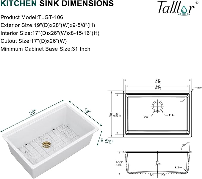 28 Inch Granite Composite Kitchen Sink - White Undermount Workstation All-In One Quartz Classic Single Bowl Sink Basin with Accessories, 28x19#TLGU-106