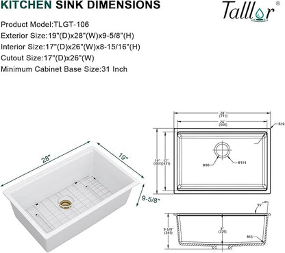 28 Inch Granite Composite Kitchen Sink - White Undermount Workstation All-In One Quartz Classic Single Bowl Sink Basin with Accessories, 28x19#TLGU-106