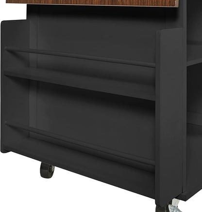 Farmhouse Kitchen Island with Drop Leaf Rolling Cart with Lockable Wheels Storage Island with Open Side Rack Storage Cart Practical(Black)