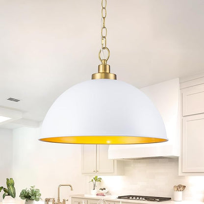 Lingkai Farmhouse Pendant Light Fixtures, 15.7" White and Gold Dome Pendant Lighting Kitchen Island, Adjustable Height Vintage Hanging Ceiling Lights for Kitchen Island Dining Room Foyer Restaurant
