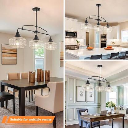 Farmhouse Kitchen Island Lighting, Black 3-Light Island Light for Kitchen, Adjustable Dining Room Light Fixture Over Table, Linear Chandelier Pendant Lighting with Clear Glass for Living Room Sink