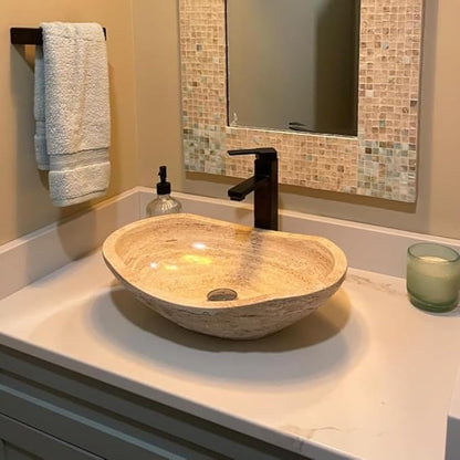 Shades of Nature Oval Travertine Vessel Sink – Natural Stone Wash Basin, Hand-Carved Bathroom Sink with Chiseled Exterior & Polished Interior, Above Counter Vanity Basin (Includes Matching Soap Tray)