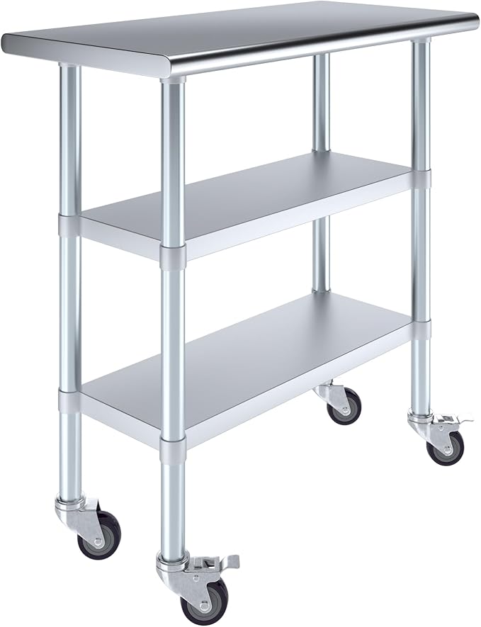 Stainless Steel Work Table with 2 Shelves and Casters | Kitchen Island Food Prep | Laundry Garage Utility Bench | NSF Certified (36" Long x 18" Deep)