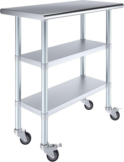 Stainless Steel Work Table with 2 Shelves and Casters | Kitchen Island Food Prep | Laundry Garage Utility Bench | NSF Certified (36" Long x 18" Deep)