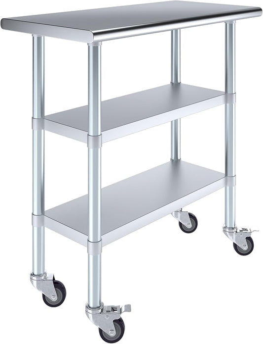 Stainless Steel Work Table with 2 Shelves and Casters | Kitchen Island Food Prep | Laundry Garage Utility Bench | NSF Certified (36" Long x 18" Deep)