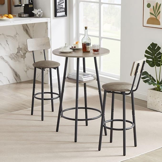 Bar Table Set for 2 with 2 PU Upholstered Stools, Pub Bistro Dinning Table and Stools with Backrest, Counter Height Bar Table Set for Apartment, Kitchen, Small Space