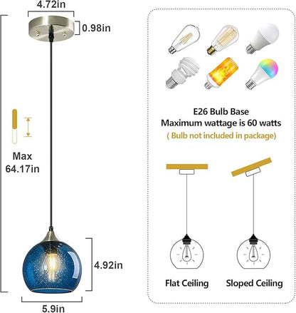Blue Glass Pendant Lights Kitchen Island Lighting Globe Pendant Light Fixtures Modern Pendant Lighting for Kitchen Island Bedroom Living Dining Room Light Fixture(5.9in, 3-Pack)
